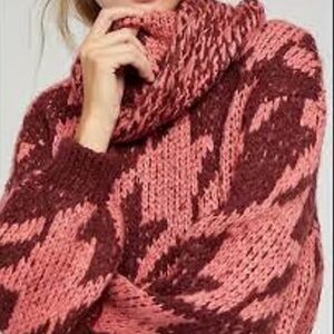 NWT Anthropology Ginny Pink Houndtooth Oversized Cowl neck sweater Sz sm